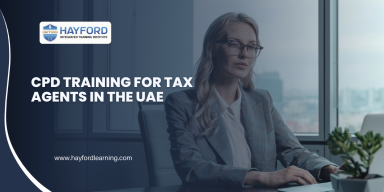 CPD training for tax agents in the UAE by Hayford Learning, showing a professional tax consultant working in a corporate office environment.