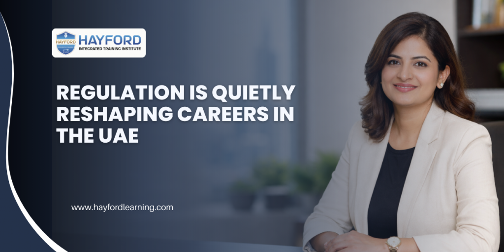 Komal Jajoo of Hayford discussing how regulation is reshaping professional careers in the UAE, with corporate leadership theme and compliance education focus.