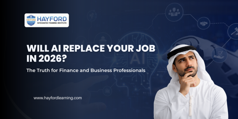 UAE professional thinking about AI replacing jobs in 2026 with digital artificial intelligence background and Hayford Learning branding