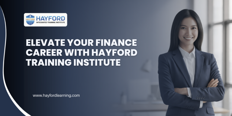 Professional woman with text “Elevate Your Finance Career with Hayford Training Institute” banner.