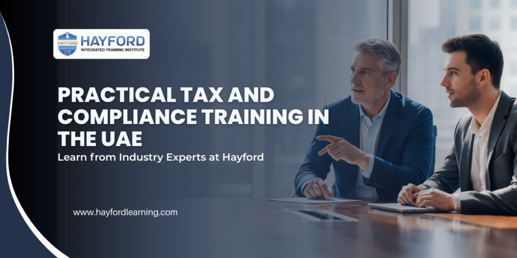 UAE corporate tax and compliance training banner by Hayford featuring two business professionals in a modern office discussion.
